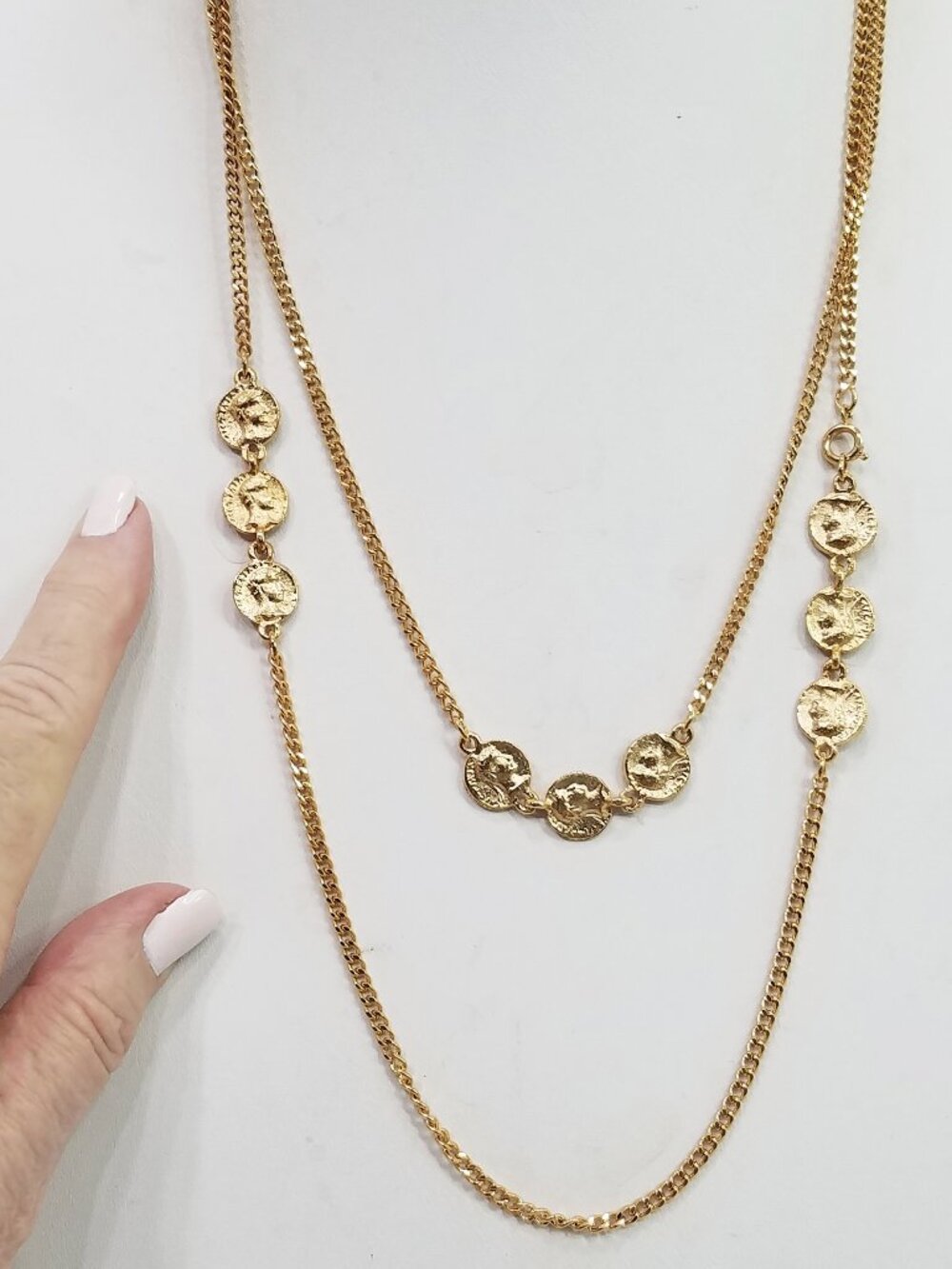 Vintage Direction One Gold Tone 3 Mini Coin 50" Station Necklace